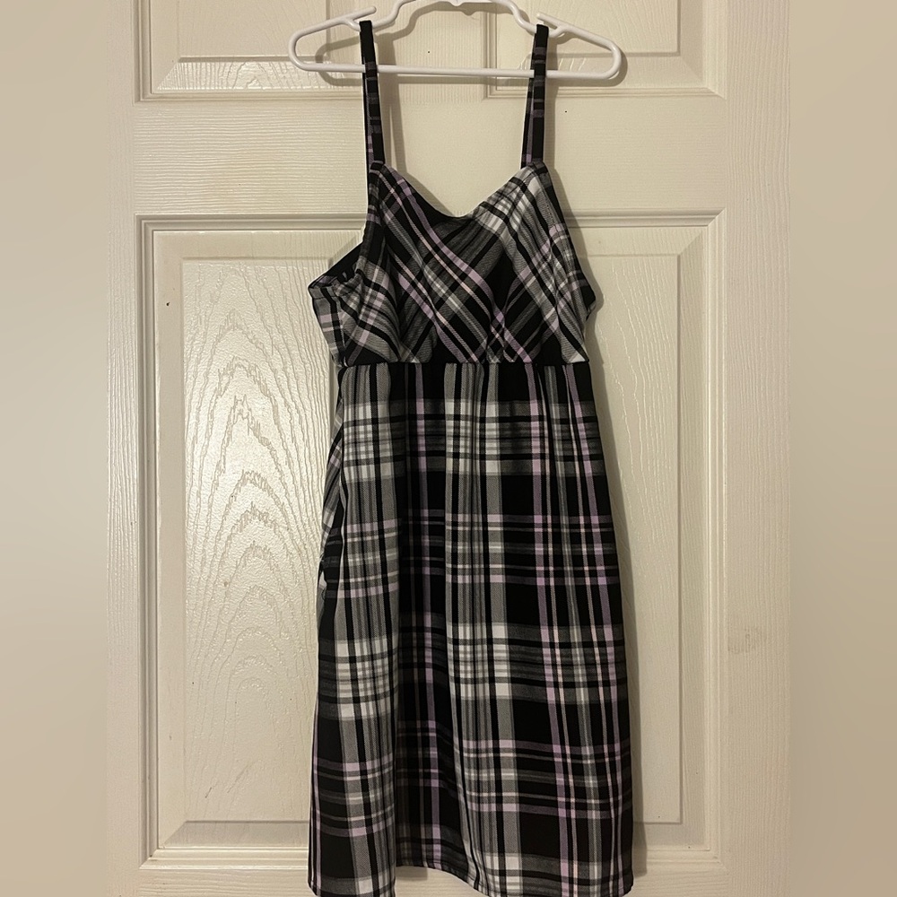 Justice Black and White Plaid Dress with Purple Highlights